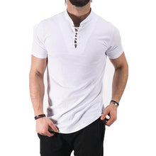Load image into Gallery viewer, 2018 Stylish Summer Lace Up T-shirt Men's Short Sleeve Stand Collar Elegant Cotton Blend Tee Top Casual Slim Fit Men T Shirt