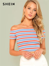 Load image into Gallery viewer, SHEIN Rib Knit Striped Bardot Tee Women Off The Shoulder Short Sleeve Slim Crop T-shirt 2018 Summer Female Sexy Party Top Tee