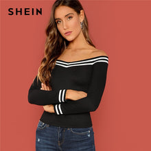 Load image into Gallery viewer, SHEIN Black Going Out Striped Bardot Neck Rib-Knit Off the Shoulder Slim Fit Pullovers Tee Autumn Party Women Tshirt And Top
