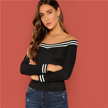 Load image into Gallery viewer, SHEIN Black Going Out Striped Bardot Neck Rib-Knit Off the Shoulder Slim Fit Pullovers Tee Autumn Party Women Tshirt And Top