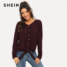Load image into Gallery viewer, SHEIN Maroon Modern Lady Weekend Casual Button Front V-Neck Knot Long Sleeve Pullovers Tee 2018 Autumn Women Tshirt Top