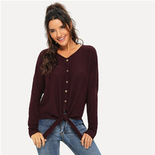 Load image into Gallery viewer, SHEIN Maroon Modern Lady Weekend Casual Button Front V-Neck Knot Long Sleeve Pullovers Tee 2018 Autumn Women Tshirt Top
