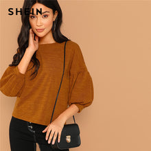 Load image into Gallery viewer, SHEIN Brown Casual Solid Round Neck Half Lantern Sleeve Marled Tee Autumn Office Lady Workwear Women Tshirt And Top