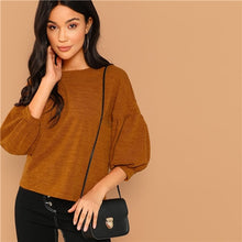 Load image into Gallery viewer, SHEIN Brown Casual Solid Round Neck Half Lantern Sleeve Marled Tee Autumn Office Lady Workwear Women Tshirt And Top